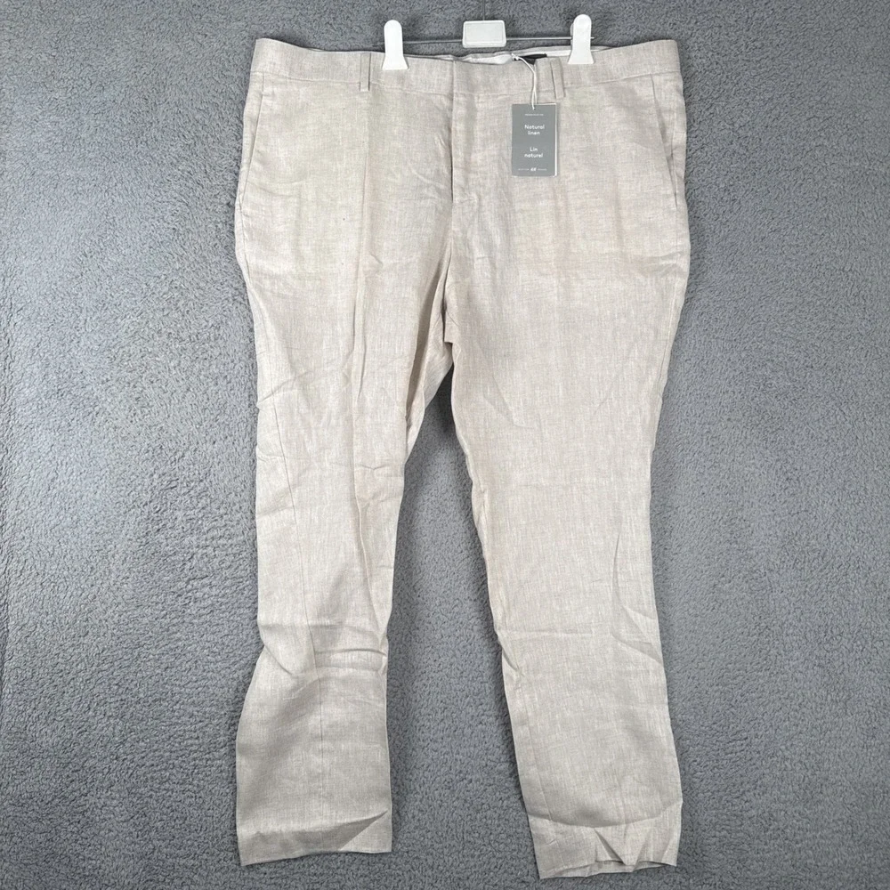 H&M Linen Pants Mens 46x30 Slim Fit Cropped Tan Summer Trousers Beach Resort